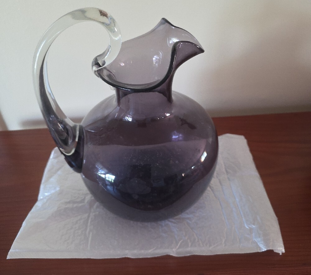 Handblown Deep Purple Glass Pitcher with Clear Handle - Decorative Vase - Picture 2 of 6